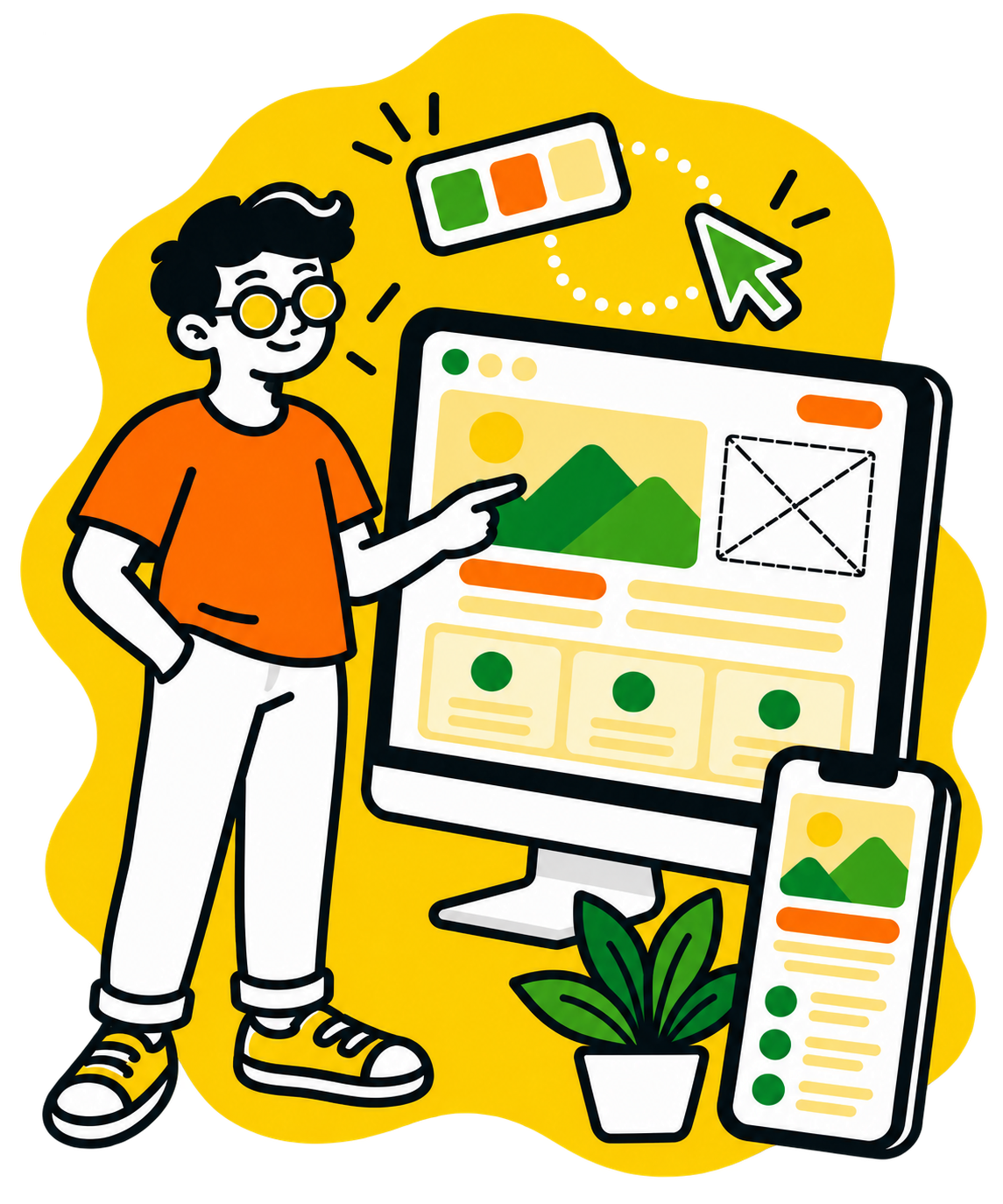 Home Illustration of a web designer creating a website for different devices
